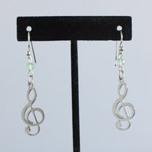 Load image into Gallery viewer, Treble Clef Earrings with Faceted Green Fluorite Stones